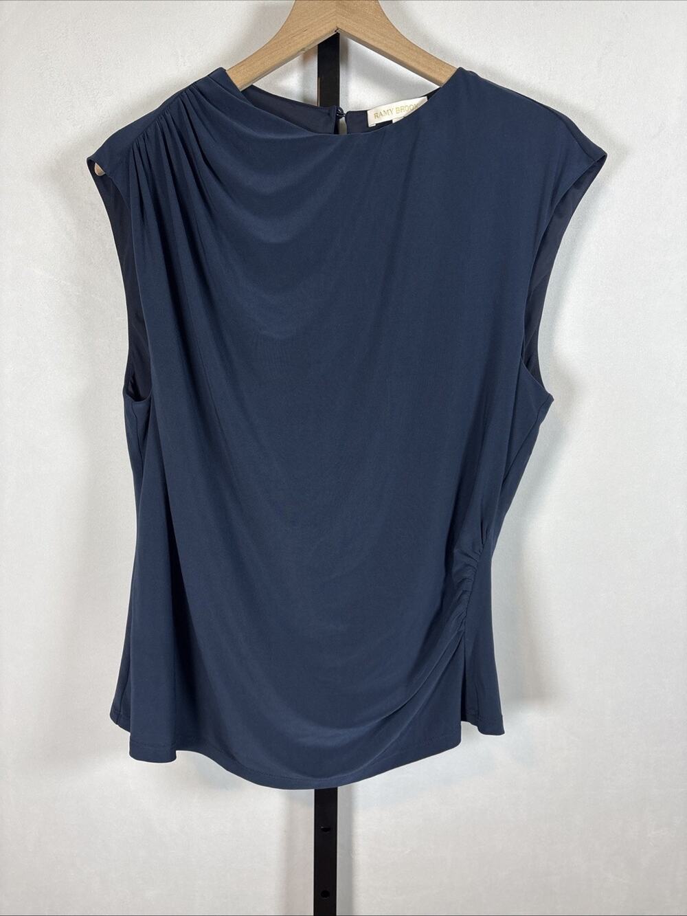 Ramy Brook Tank Top Women's XL Navy Blue Ruched Detail Draped Flowy Timeless
